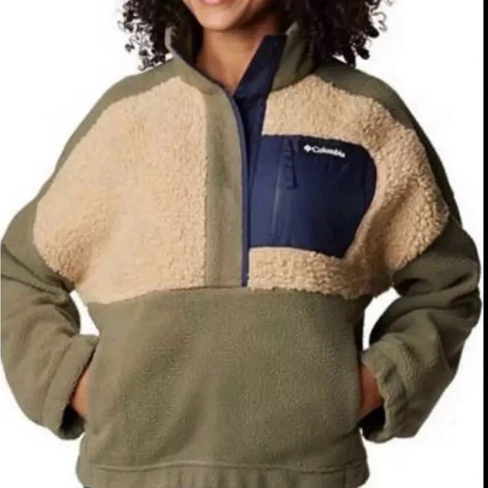 Columbia Olive, Tan & Navy Sherpa Half-Zip Pullover